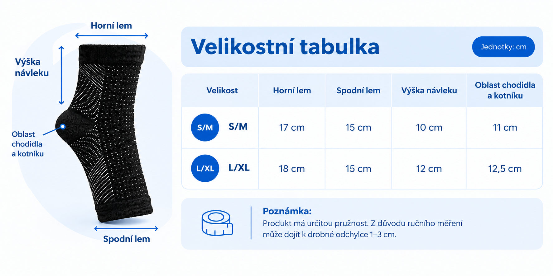 Velikostní tabulka návleku v centimetrech. S/M: horní lem 17, spodní lem 15, výška 10, oblast chodidla a kotníku 11. L/XL: horní lem 18, spodní lem 15, výška 12, oblast chodidla a kotníku 12,5.